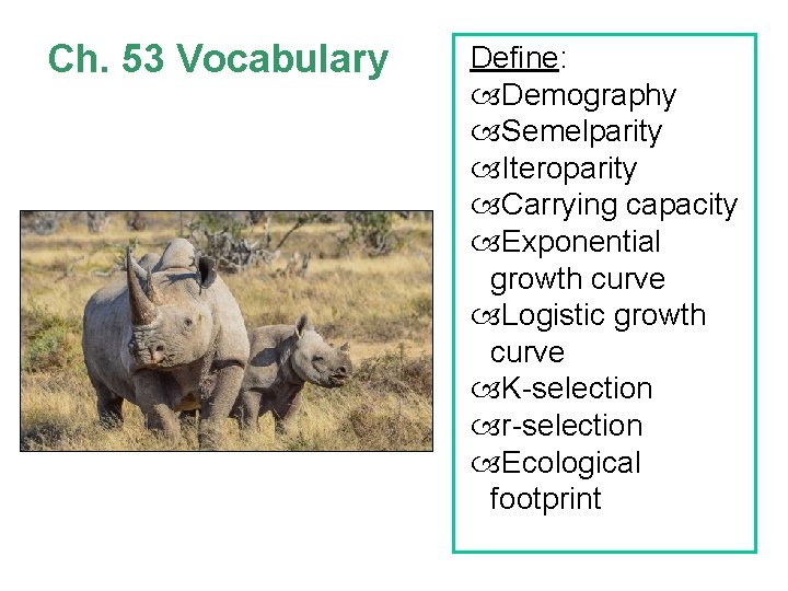 Ch. 53 Vocabulary Define: Demography Semelparity Iteroparity Carrying capacity Exponential growth curve Logistic growth