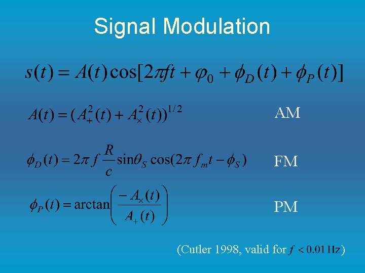 Signal Modulation AM FM PM (Cutler 1998, valid for ) 