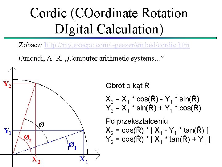 Cordic (COordinate Rotation DIgital Calculation) Zobacz: http: //my. execpc. com/~geezer/embed/cordic. htm Omondi, A. R.