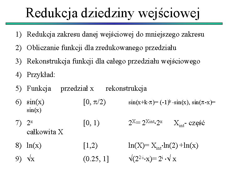 Redukcja dziedziny wejściowej 1) Redukcja zakresu danej wejściowej do mniejszego zakresu 2) Obliczanie funkcji