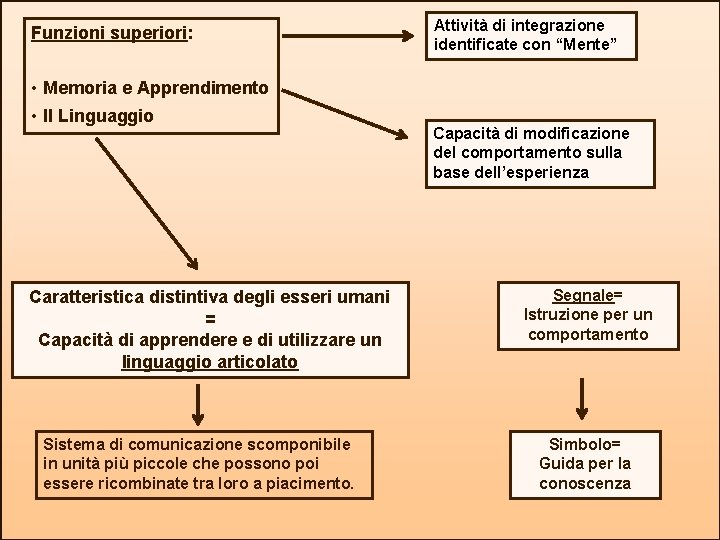 Funzioni superiori: Attività di integrazione identificate con “Mente” • Memoria e Apprendimento • Il