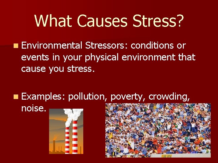 What Causes Stress? n Environmental Stressors: conditions or events in your physical environment that