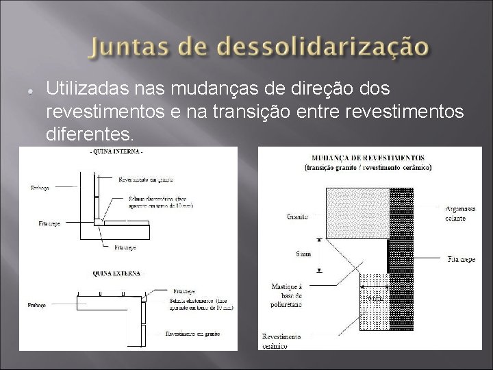 Utilizadas nas mudanças de direção dos revestimentos e na transição entre revestimentos diferentes. 