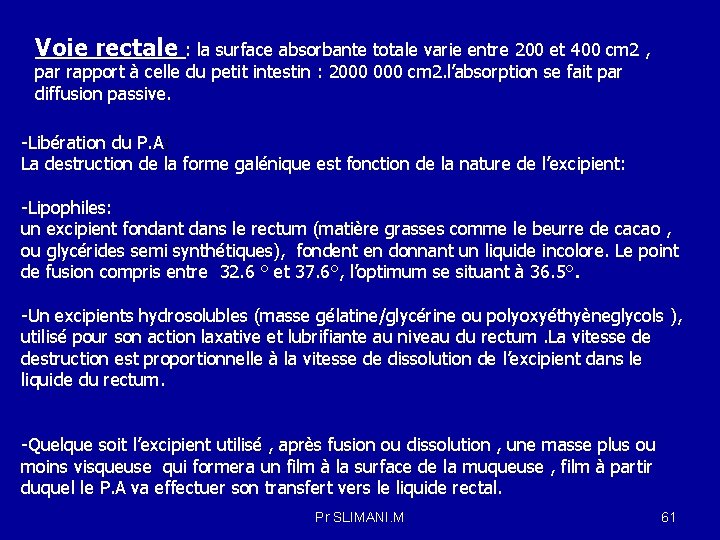 Voie rectale : la surface absorbante totale varie entre 200 et 400 cm 2