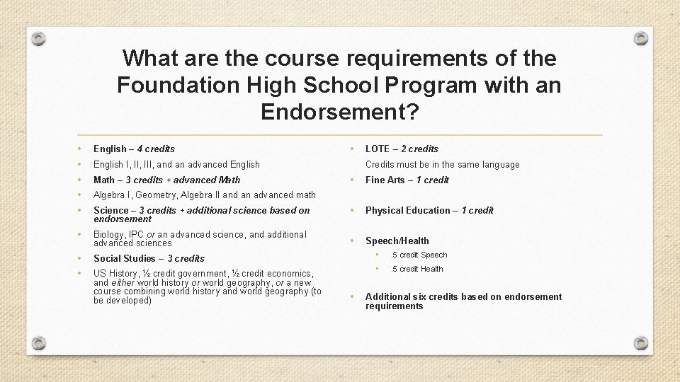 What are the course requirements of the Foundation High School Program with an Endorsement?