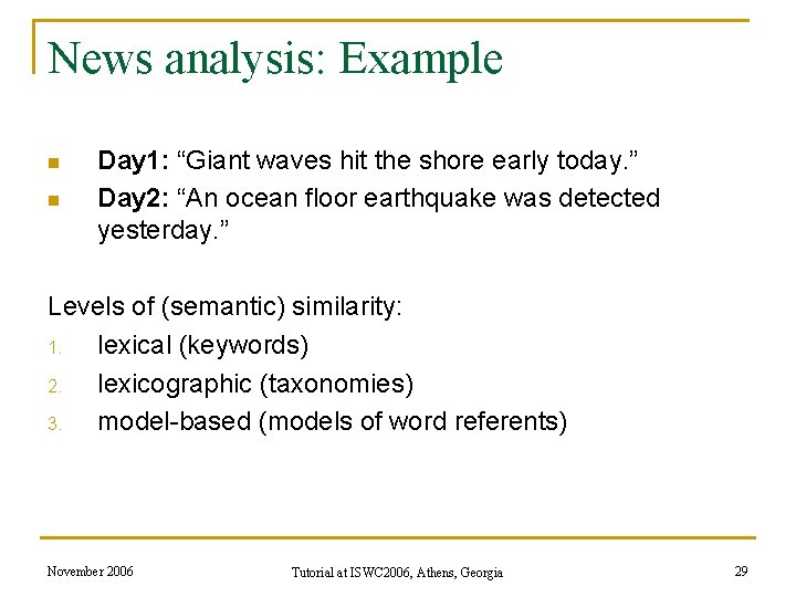 News analysis: Example n n Day 1: “Giant waves hit the shore early today. News analysis: Example n n Day 1: “Giant waves hit the shore early today.