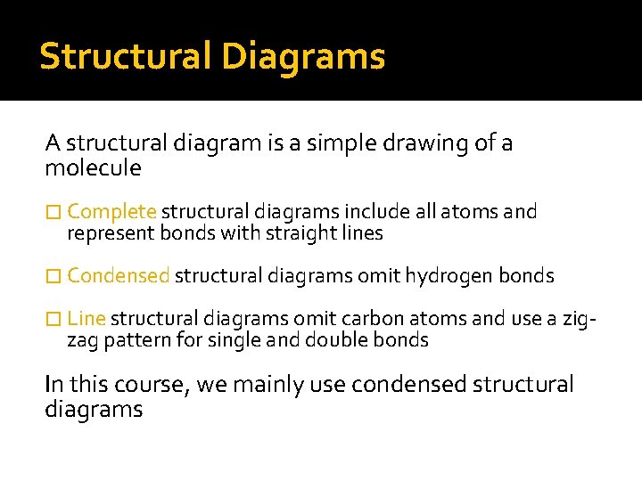 Structural Diagrams A structural diagram is a simple drawing of a molecule � Complete