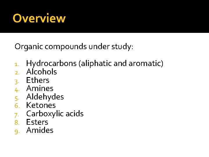 Overview Organic compounds under study: 1. 2. 3. 4. 5. 6. 7. 8. 9.