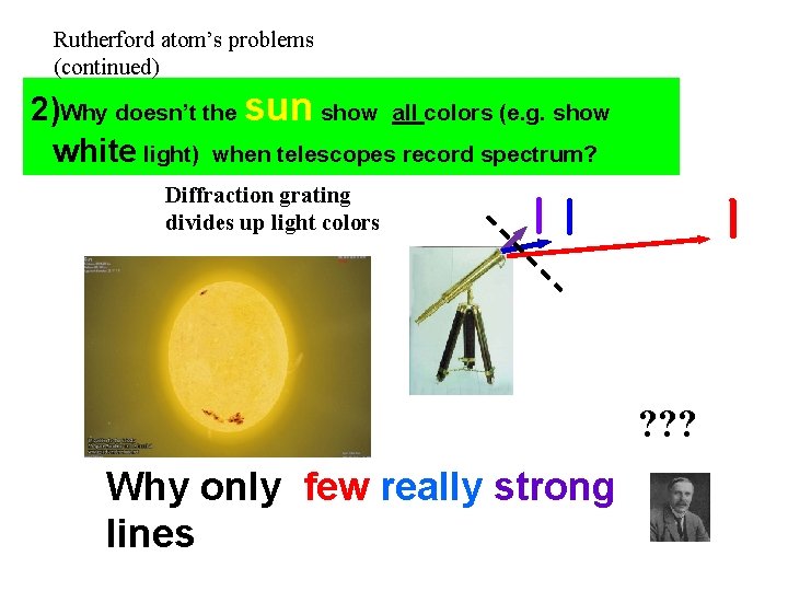 Rutherford atom’s problems (continued) 2)Why doesn’t the sun show all colors (e. g. show