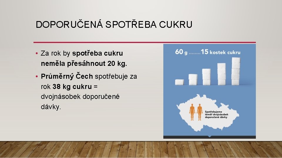 DOPORUČENÁ SPOTŘEBA CUKRU • Za rok by spotřeba cukru neměla přesáhnout 20 kg. •