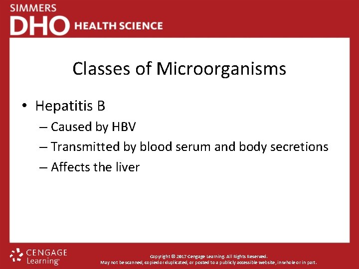 Classes of Microorganisms • Hepatitis B – Caused by HBV – Transmitted by blood