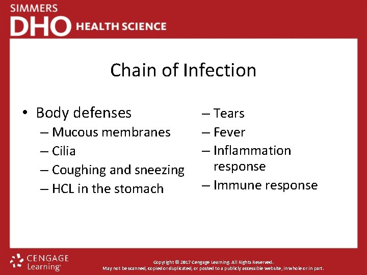 Chain of Infection • Body defenses – Mucous membranes – Cilia – Coughing and