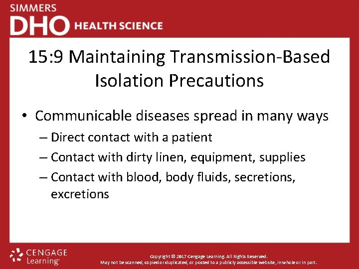 15: 9 Maintaining Transmission-Based Isolation Precautions • Communicable diseases spread in many ways –