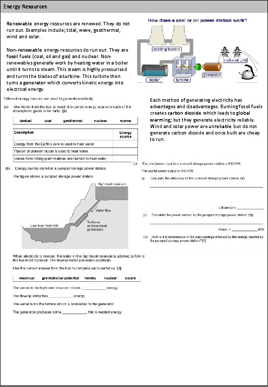 Energy Resources Renewable energy resources are renewed. They do not run out. Examples include;