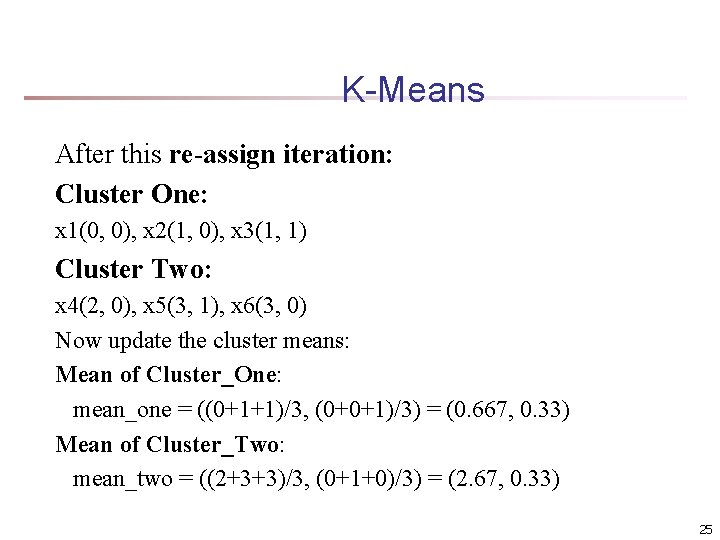 K-Means After this re-assign iteration: Cluster One: x 1(0, 0), x 2(1, 0), x