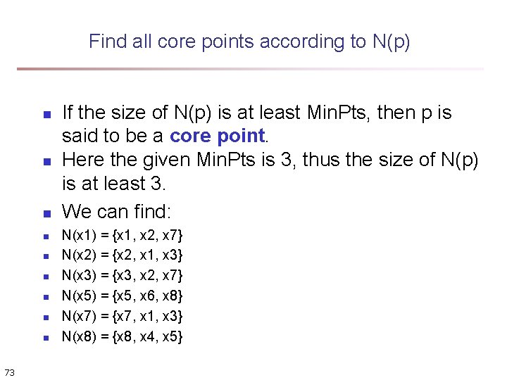 Find all core points according to N(p) n n n n n 73 If