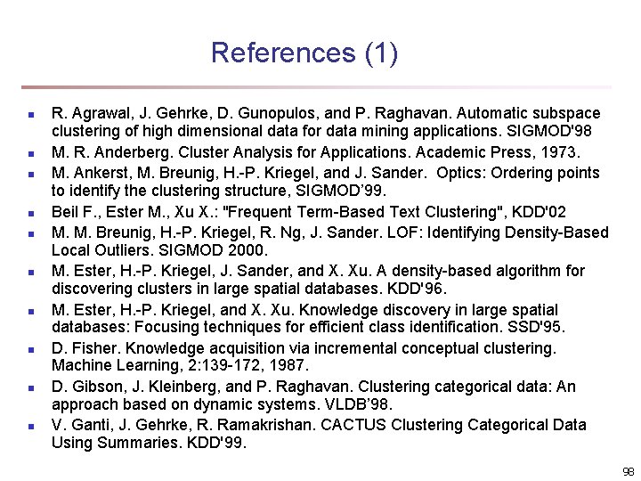 References (1) n n n n n R. Agrawal, J. Gehrke, D. Gunopulos, and