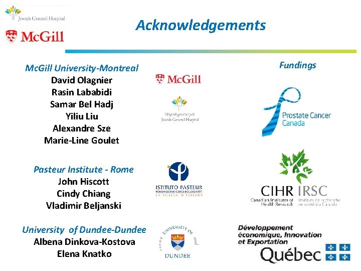 Acknowledgements Mc. Gill University-Montreal David Olagnier Rasin Lababidi Samar Bel Hadj Yiliu Liu Alexandre