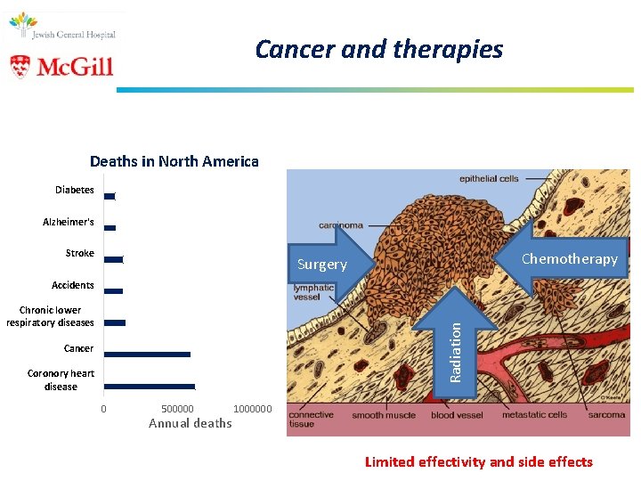 Cancer and therapies Deaths in North America Diabetes Alzheimer's Stroke Chemotherapy Surgery Accidents Radiation