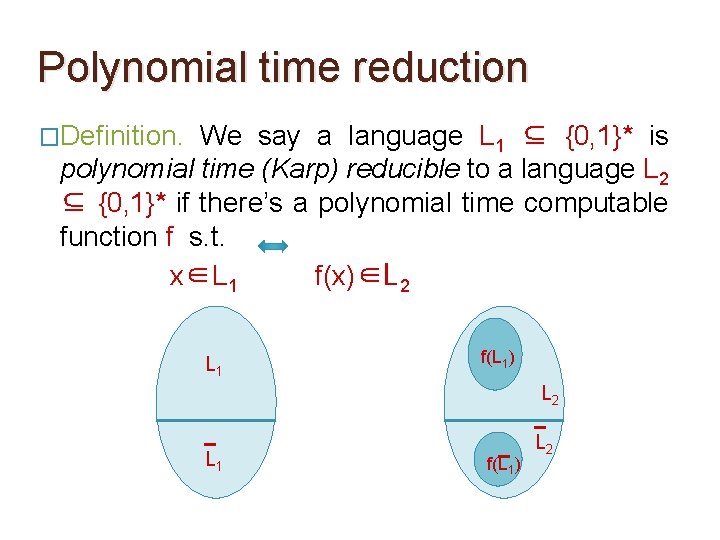 Polynomial time reduction �Definition. We say a language L 1 ⊆ {0, 1}* is Polynomial time reduction �Definition. We say a language L 1 ⊆ {0, 1}* is