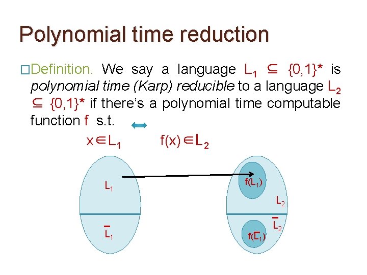 Polynomial time reduction �Definition. We say a language L 1 ⊆ {0, 1}* is Polynomial time reduction �Definition. We say a language L 1 ⊆ {0, 1}* is