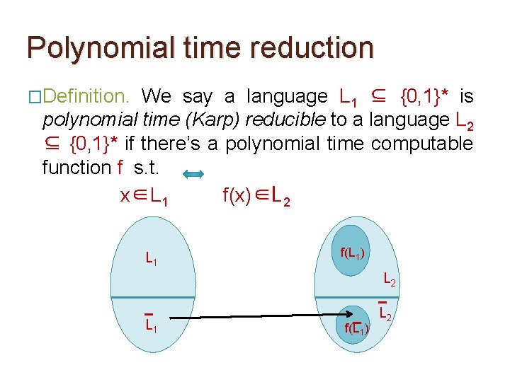 Polynomial time reduction �Definition. We say a language L 1 ⊆ {0, 1}* is Polynomial time reduction �Definition. We say a language L 1 ⊆ {0, 1}* is