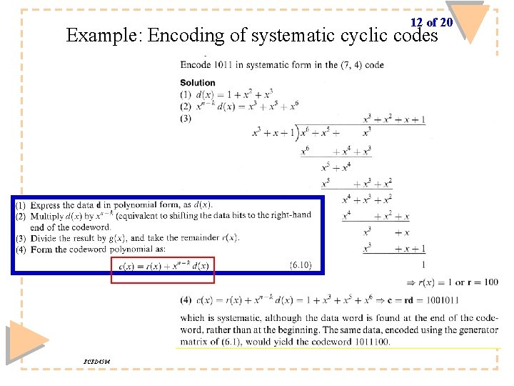 12 of 20 Example: Encoding of systematic cyclic codes ECED 4504 