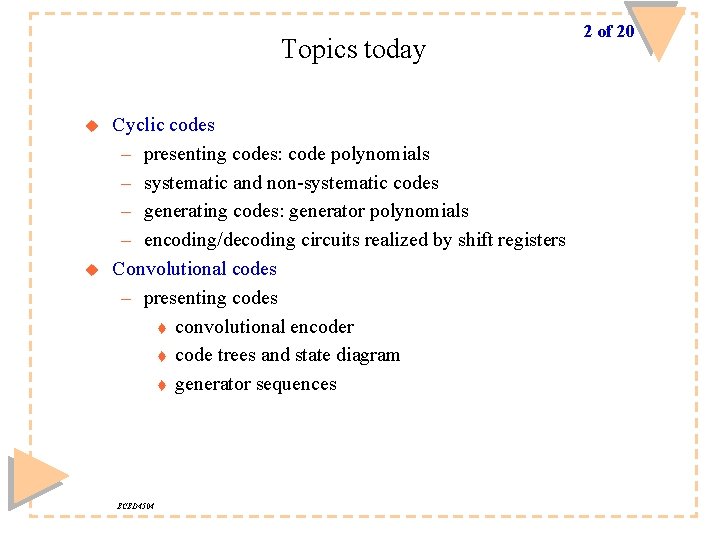 Topics today u u Cyclic codes – presenting codes: code polynomials – systematic and