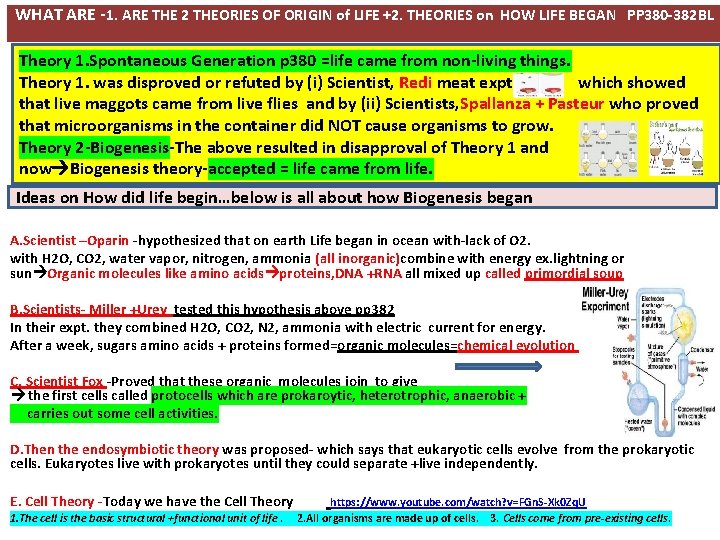 WHAT ARE -1. ARE THE 2 THEORIES OF ORIGIN of LIFE +2. THEORIES on