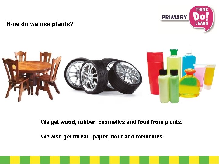 How do we use plants? We get wood, rubber, cosmetics and food from plants.