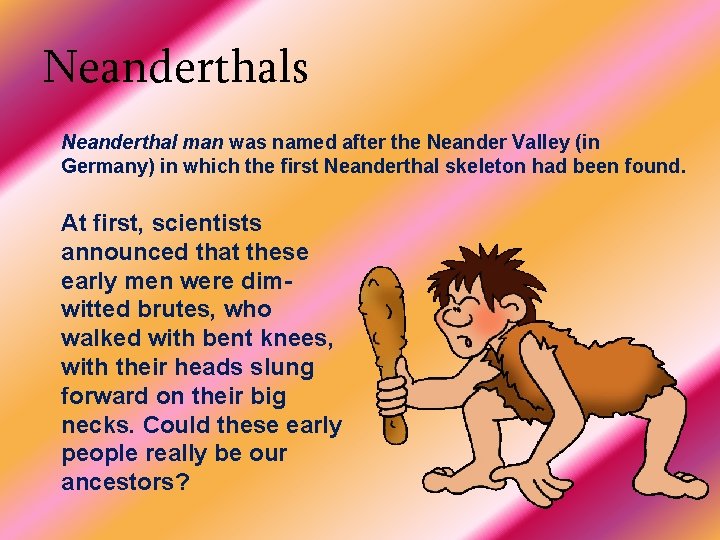 Neanderthals Neanderthal man was named after the Neander Valley (in Germany) in which the