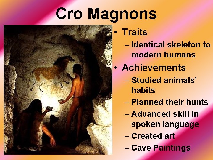 Cro Magnons • Traits – Identical skeleton to modern humans • Achievements – Studied