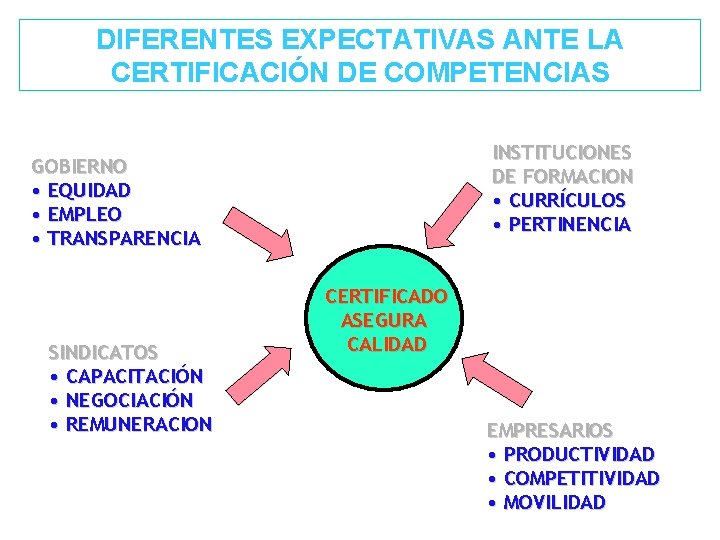 DIFERENTES EXPECTATIVAS ANTE LA CERTIFICACIÓN DE COMPETENCIAS INSTITUCIONES DE FORMACION • CURRÍCULOS • PERTINENCIA