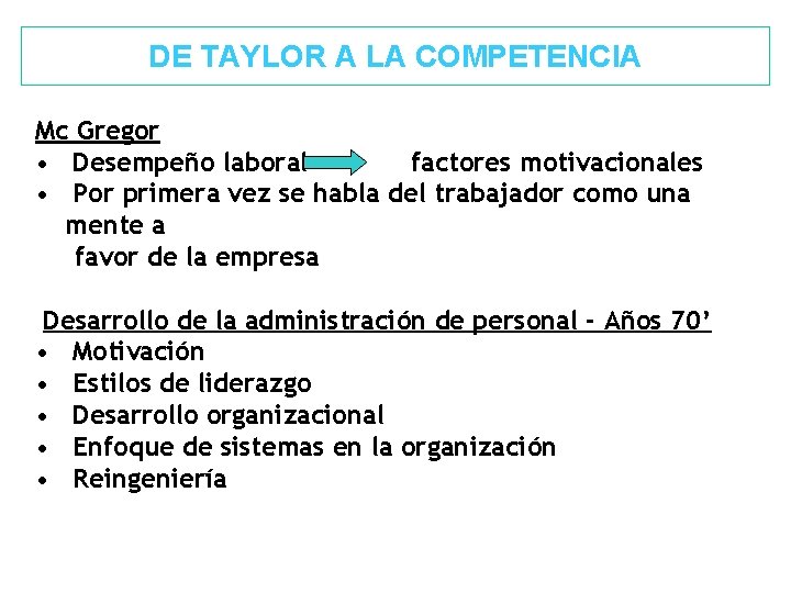 DE TAYLOR A LA COMPETENCIA Mc Gregor • Desempeño laboral factores motivacionales • Por