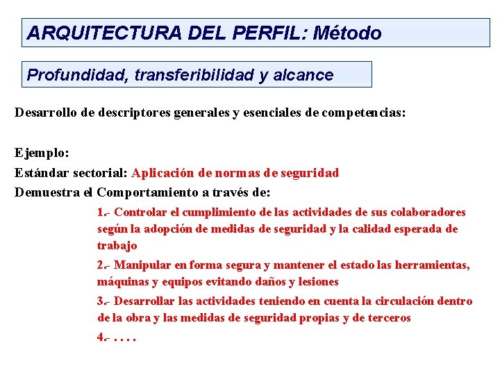 ARQUITECTURA DEL PERFIL: Método Profundidad, transferibilidad y alcance Desarrollo de descriptores generales y esenciales