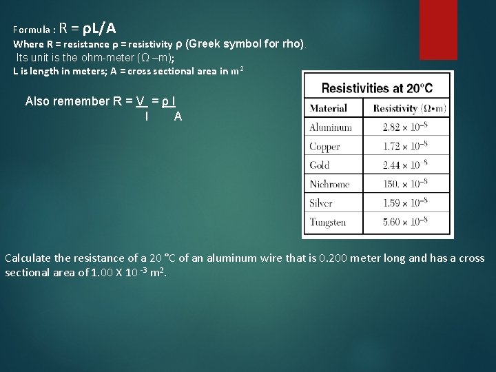 Formula : R = ρL/A Where R = resistance ρ = resistivity ρ (Greek