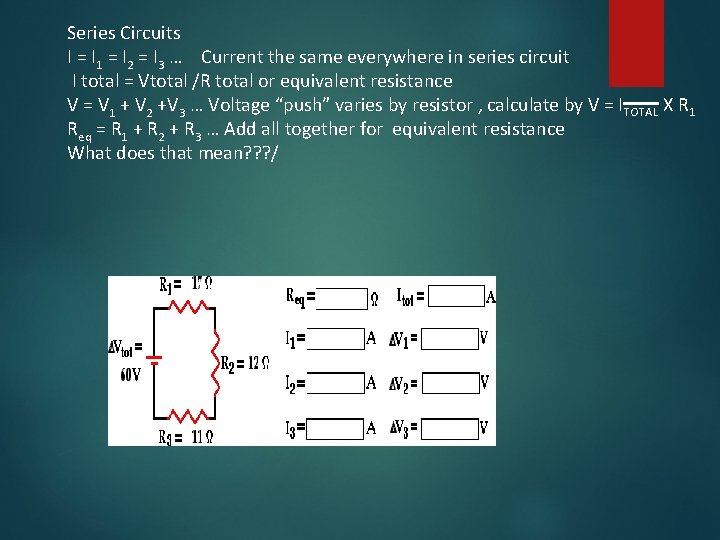 Series Circuits I = I 1 = I 2 = I 3 … Current