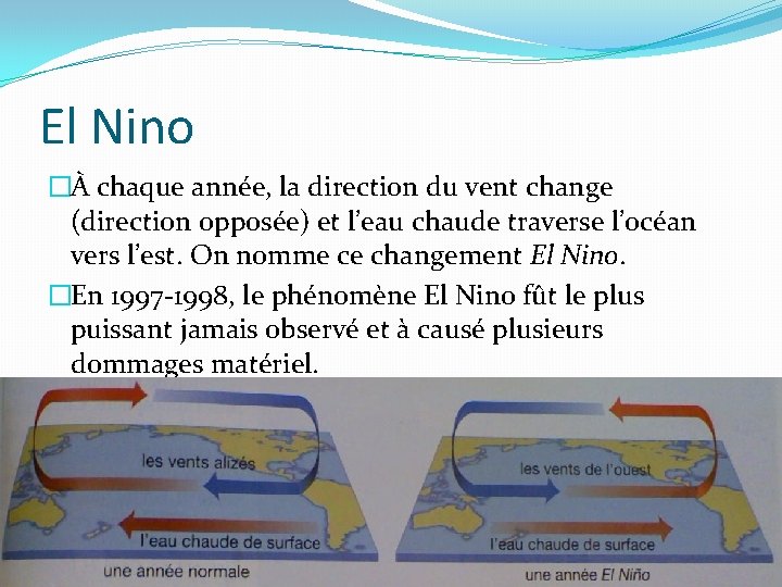 El Nino �À chaque année, la direction du vent change (direction opposée) et l’eau