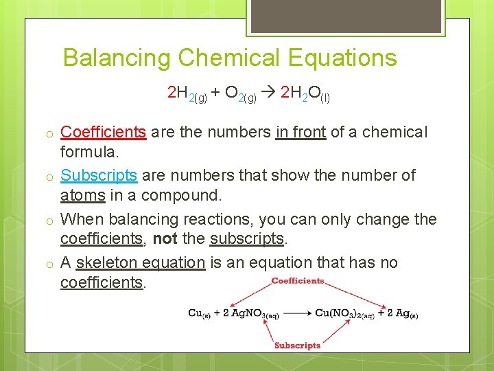 Balancing Chemical Equations 2 H 2(g) + O 2(g) 2 H 2 O(l) o