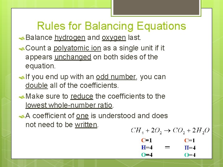 Rules for Balancing Equations Balance hydrogen and oxygen last. Count a polyatomic ion as