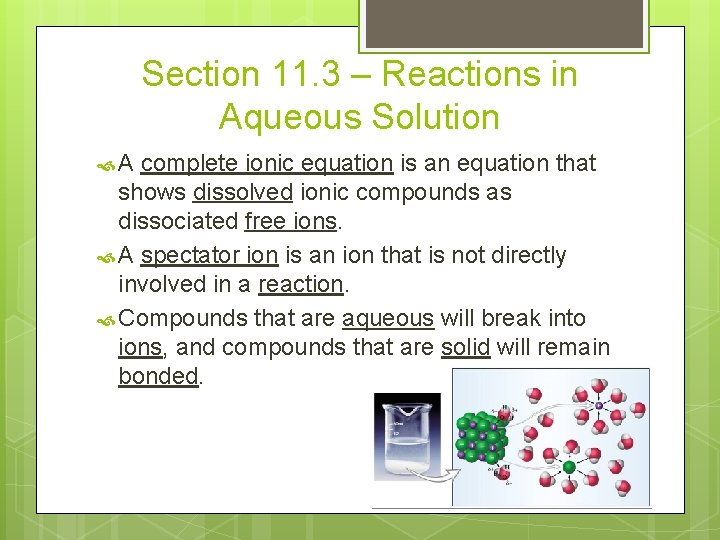 Section 11. 3 – Reactions in Aqueous Solution A complete ionic equation is an