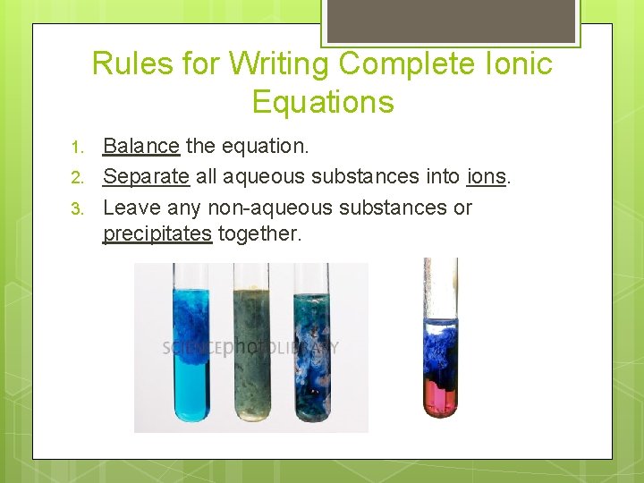 Rules for Writing Complete Ionic Equations 1. 2. 3. Balance the equation. Separate all