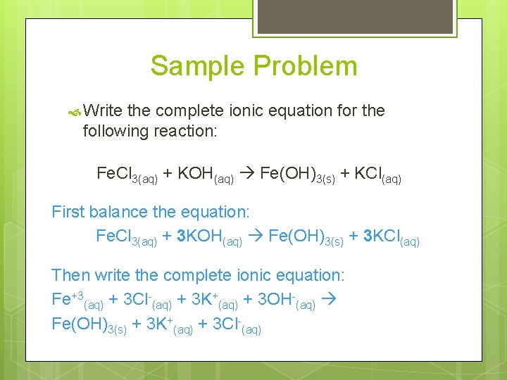 Sample Problem Write the complete ionic equation for the following reaction: Fe. Cl 3(aq)