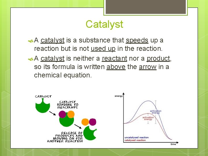 Catalyst A catalyst is a substance that speeds up a reaction but is not