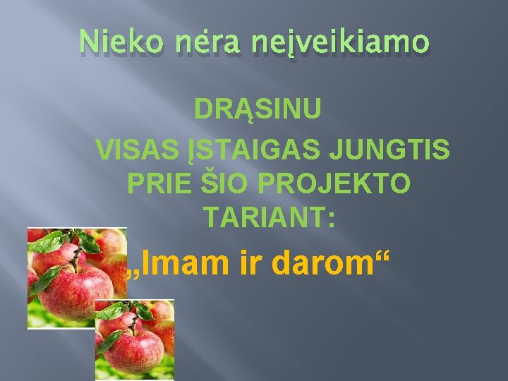 Nieko nėra neįveikiamo DRĄSINU VISAS ĮSTAIGAS JUNGTIS PRIE ŠIO PROJEKTO TARIANT: „Imam ir darom“