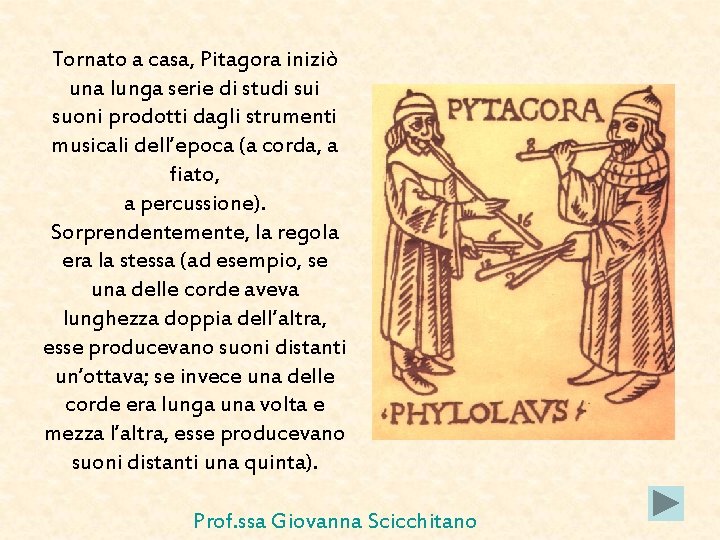 Tornato a casa, Pitagora iniziò una lunga serie di studi suoni prodotti dagli strumenti Tornato a casa, Pitagora iniziò una lunga serie di studi suoni prodotti dagli strumenti