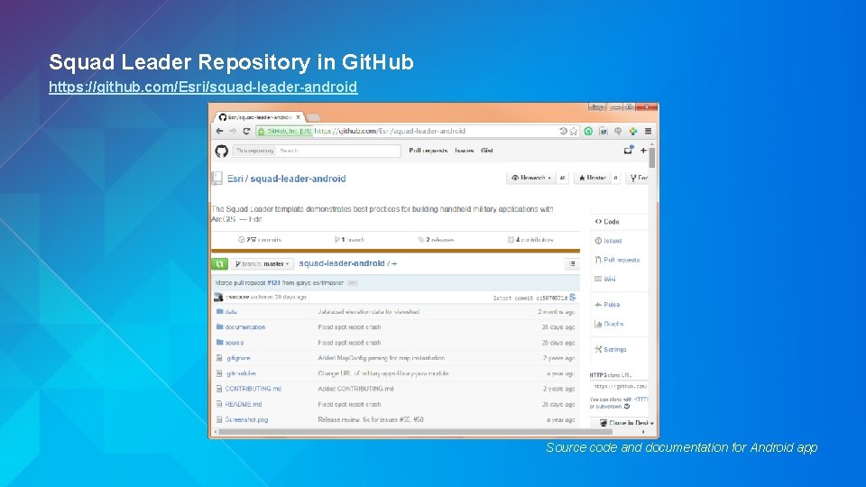 Squad Leader Repository in Git. Hub https: //github. com/Esri/squad-leader-android Source code and documentation for