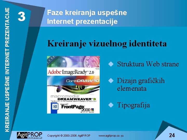 KREIRANJE USPEŠNE INTERNET PREZENTACIJE 3 Faze kreiranja uspešne Internet prezentacije Kreiranje vizuelnog identiteta u