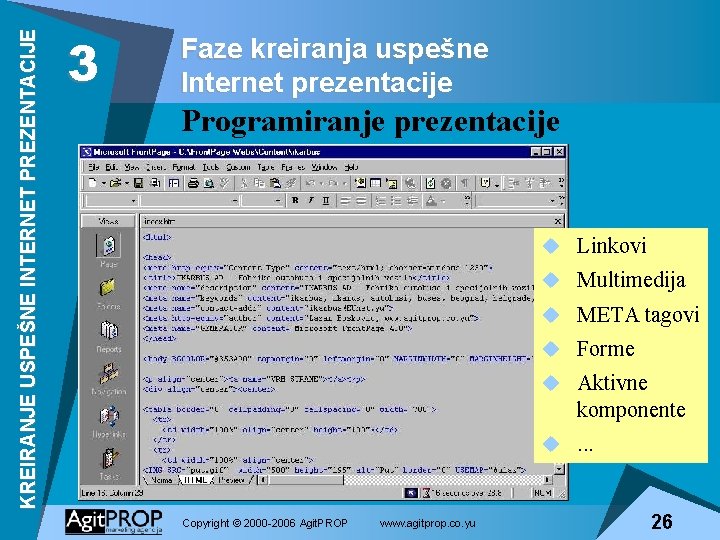 KREIRANJE USPEŠNE INTERNET PREZENTACIJE 3 Faze kreiranja uspešne Internet prezentacije Programiranje prezentacije u Linkovi