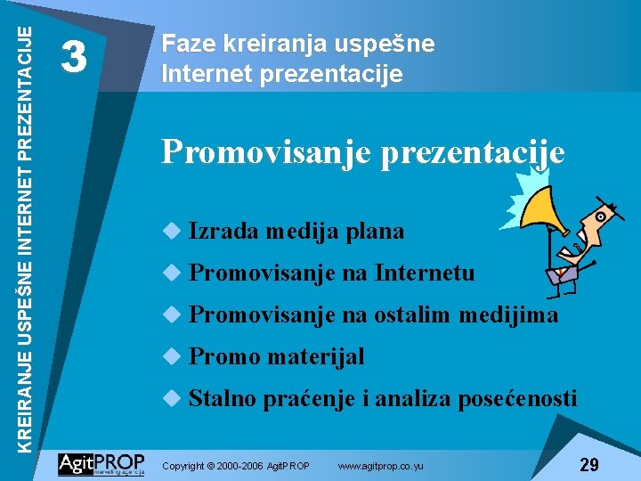 KREIRANJE USPEŠNE INTERNET PREZENTACIJE 3 Faze kreiranja uspešne Internet prezentacije Promovisanje prezentacije u Izrada